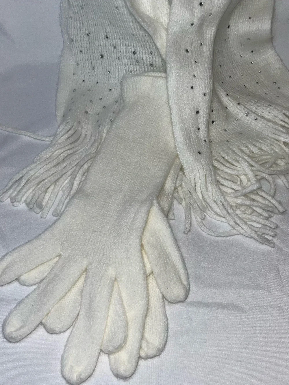 New York & Company Cream Rhinestone Fringe Scarf and Gloves Set